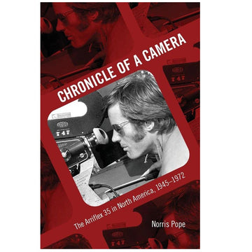 Book cover of 'Chronicle of a Camera' with a person and camera on a red background Filmmaking Books at the Academy Museum Store